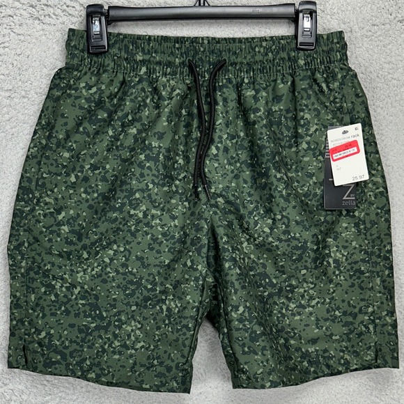 Z by Zella Mens Swim Trunks Small Green Camo Linerless Drawstring‎ Swimwear NEW - Picture 1 of 9